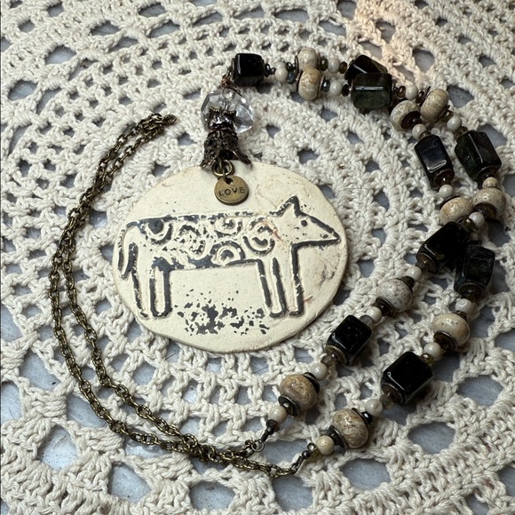 artisan ceramic wild wolf Pendant green tourmaline & African opal Necklace